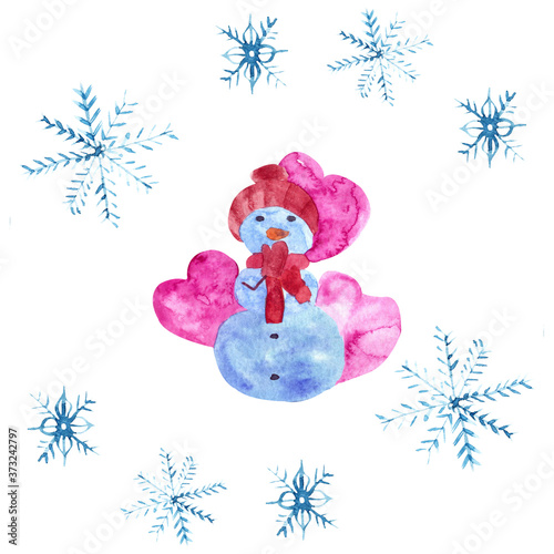 Happy New Year and Merry Christmas snowman heart watercolor
illustration isolated object on white background. For printing postcards and invitations