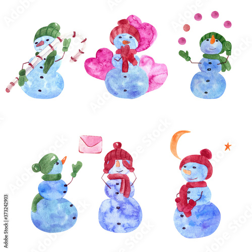 Merry Christmas and Happy New Year Snowman watercolor
 set illustration isolated object on white background. For printing postcards and invitations