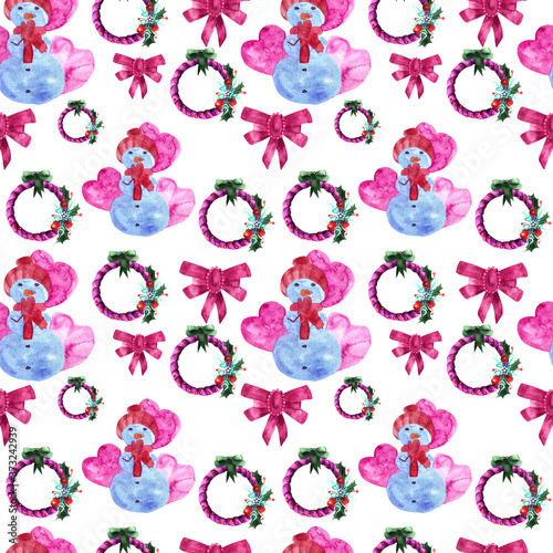 New Year and Christmas seamless pattern watercolor illustration isolated object on white background. For the design of paper or fabric, postcards