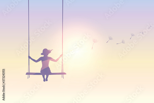 girl on a swing with dandelion seeds in sunny sky vector illustration EPS10