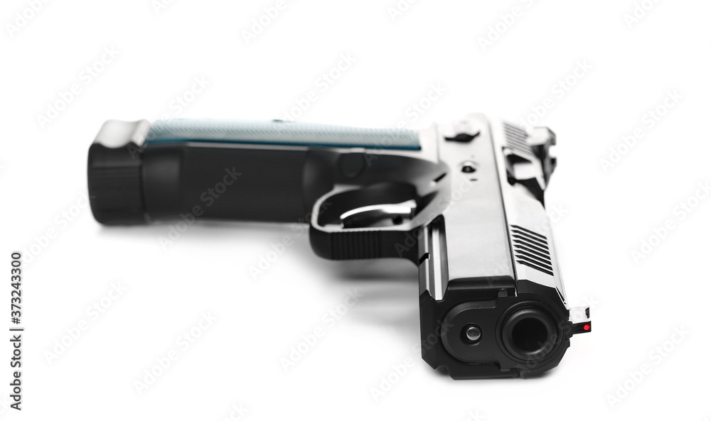 Pistol 9 mm, new handgun semi-automatic isolated on white background Pistol 9 mm, new handgun semi-automatic isolated on white background