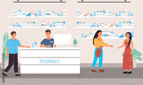 Customers in a pharmacy receiving assistance from the sales staff and friendly pharmacist. Drustore concept. Flar style colored vector illustration