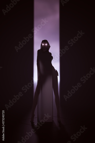 Woman In a Transparent Futuristic Dress with Glowing Eyes 3d illustration 3d render 