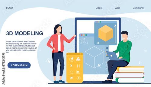Webpage template for 3d modelling showing a man and woman working on an online digital interface, colored vector illustration