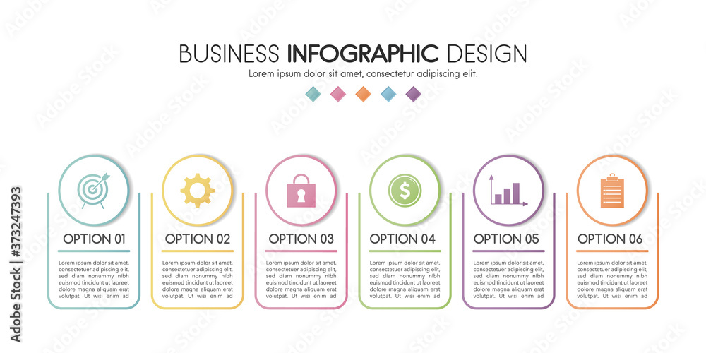 Business infographic with 6 options. 3d flowchart. Vector