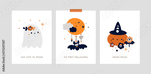 Milestone cards set for kids Halloween party. Nursery print, poster with little cute ghost, pumpkin. Baby shower cards collection. Ideal for kids room decoration, clothing, prints, anniversary, party