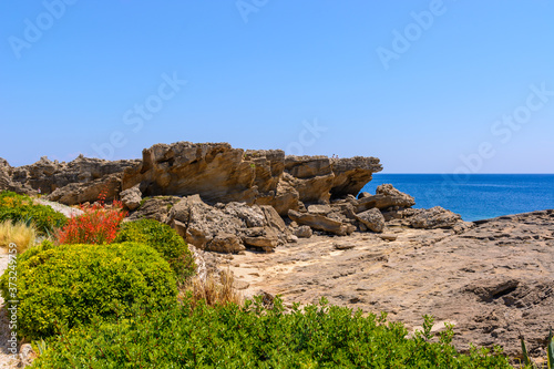 View of the sea and coast from Kallithea Therms in Rhodes island. Greece