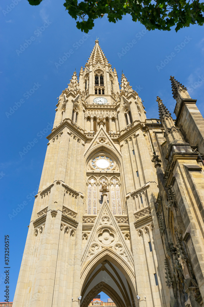 main tower with neo-gothic pinnacles. Buen Pastor Cathedral in the city of San Sebastian, Basque Country, Spain.