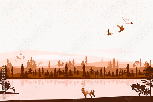 Abstract Autumn landscape. Forest animals, hills of coniferous wood with misty fog mountains range, lake, river silhouette template. Editable vector illustration.