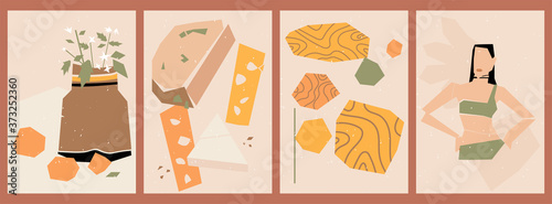 Set of abstract posters with torn paper elements. Collage of various cut out paper shapes. Backgrounds with a floral still life, a silhouette of a woman in fashionable lingerie, varieties of cheese.