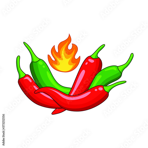 red hot chilli pepper and green hot chilli pepper on fire vector illustration isolated on white background. Illustration of food hot chilli pepper in minimalis style. Simple logo vector illustration f