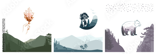 Set of abstract square background with autumn forest, animals, plants in one line style and abstract shapes. Background for mobile app page minimalistic style. Vector illustration