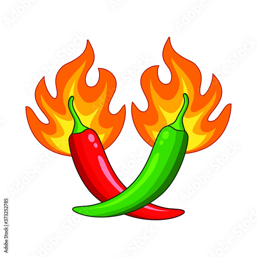 red hot chilli pepper and green hot chilli pepper on fire vector illustration isolated on white background. Illustration of food hot chilli pepper in minimalis style. Simple logo vector illustration f