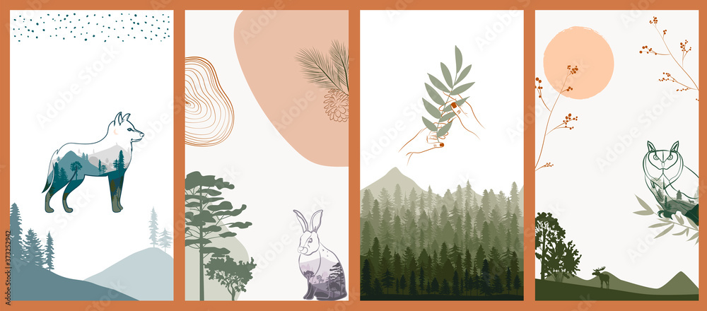 Set of abstract vertical background with autumn forest, animals, leaves in one line style and abstract shapes and landscape. Background for social media minimalistic style. Vector illustration