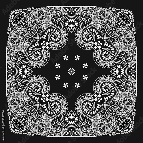 Bandana Paisley Ornament Pattern Classic Vintage Black and White Vector Design