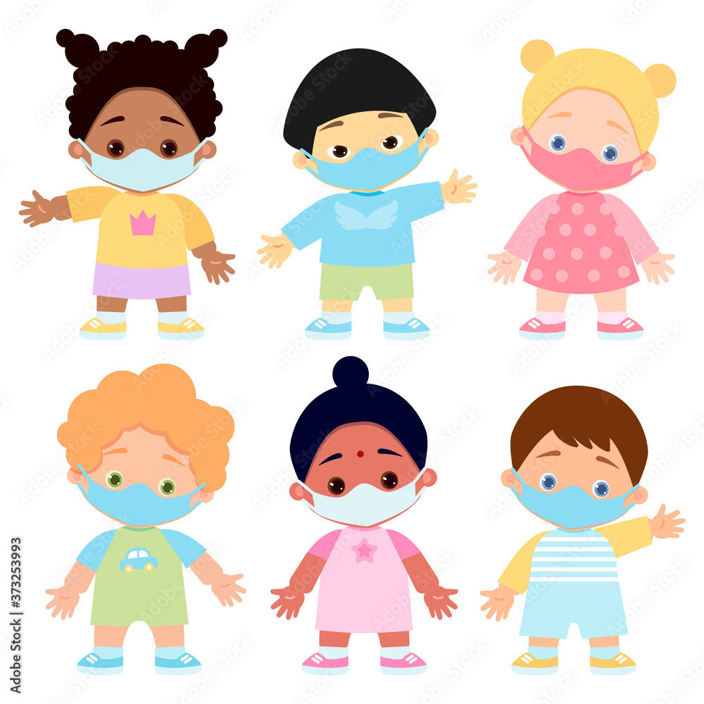 Set children in medical protective masks. Pandemic. On a white background. Vector illustration. Set children in medical protective masks. Pandemic. On a white background. Vector illustration.
