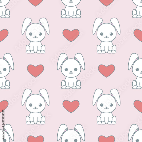 Cute seamless pattern with cartoon funny rabbits and hearts. Romantic background. Pattern with doodle. Vector kawaii illustration.