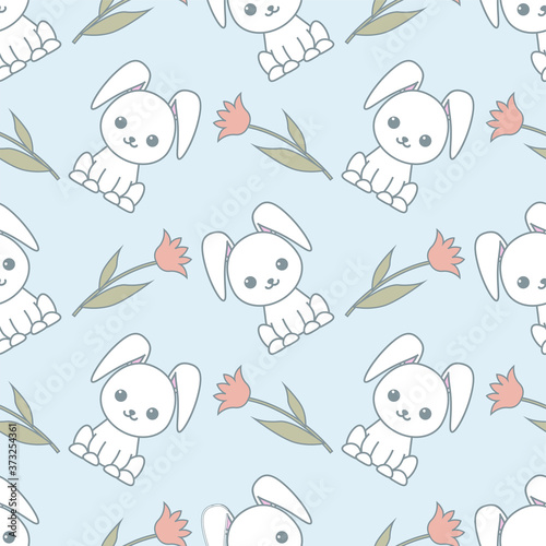 Cute seamless pattern with cartoon funny rabbits and flowers. Romantic background. Pattern with doodle. Vector kawaii illustration.