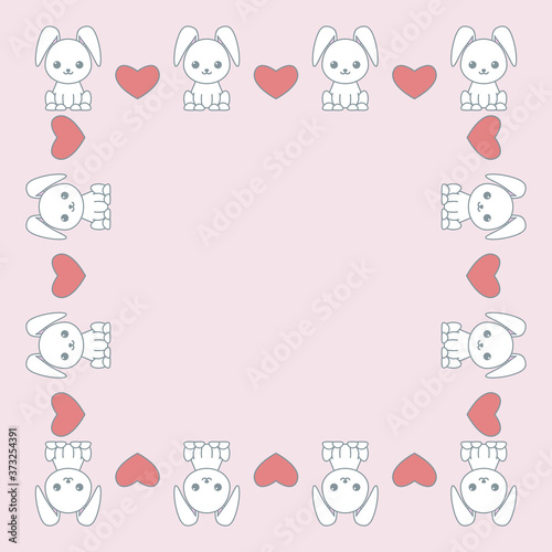 Cute frame with cartoon funny rabbits and hearts. Romantic design for a postcard. Vector kawaii illustration.