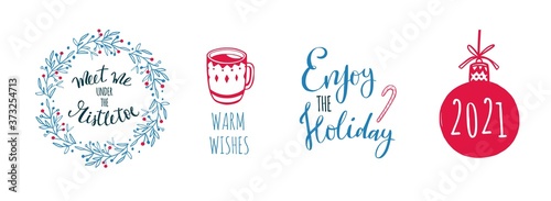 Happy new year and Christmas vintage handwritten lettering and calligraphy with doodle elements, invitations, cards