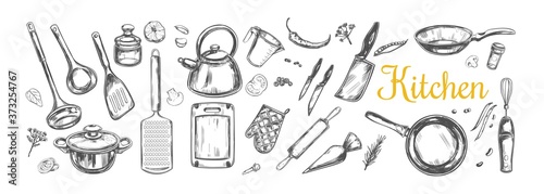 Cooking classes and Kitchen utensil set. Vector hand drawn isolated objects. Icons in sketch style
