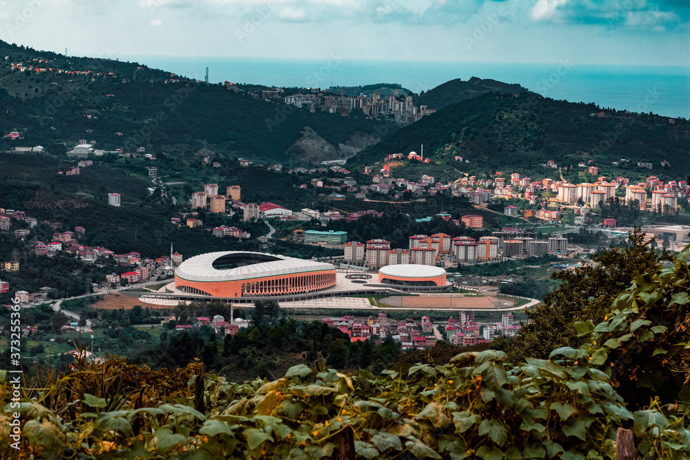 Obraz premium aerial view of the city, stadium, giresun, sea, mountains,