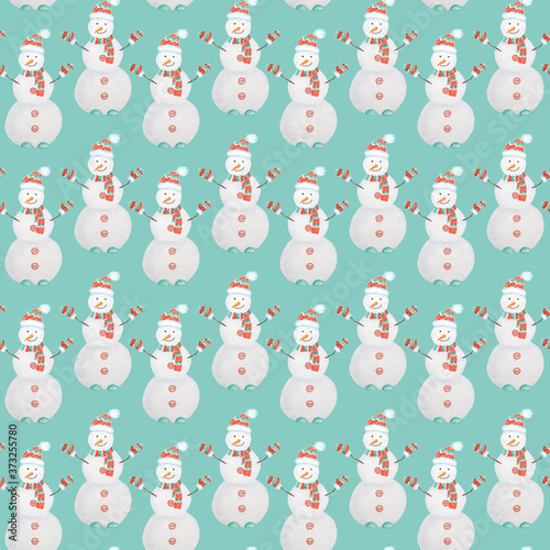 New Year Christmas Snowman watercolor Seamless pattern on mint green background. Hand drawn vintage card  fabric paper texture design. Watercolor Winter nature illustration