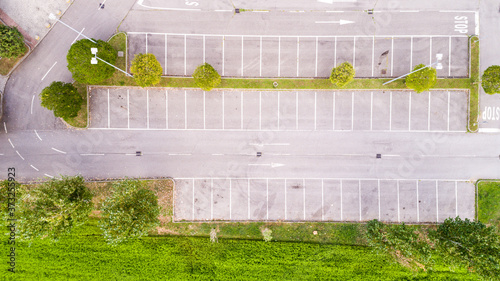 Aerial drone photo of a parking lot, urban city scape