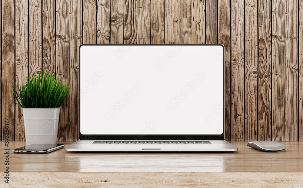 Laptop frameless blank screen - modern design. Standing on wooden table with smartphone and mouse against the background of wooden boards  - obrazy, fototapety, plakaty 