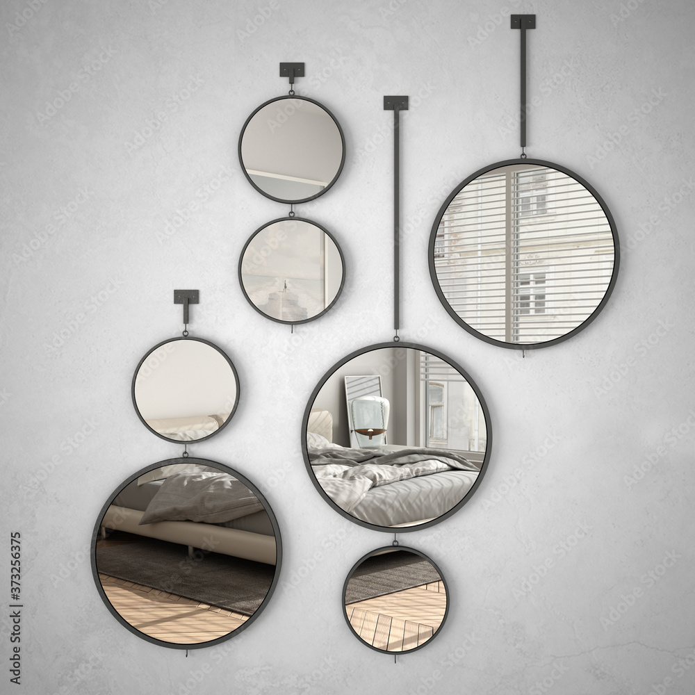 Round mirrors hanging on the wall reflecting interior design scene ...