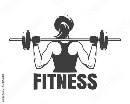 Strong Woman with Barbell Fitness Emblem