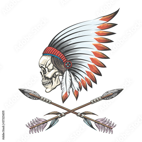 Skull in native American War Bonnet with Arrows Emblem