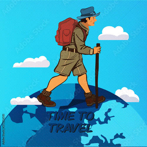 Road trip Vector flat poster, adventure, trailering, outdoor recreation, adventures in nature, vacation. Modern flat design WITH TRAVELER. Time to travel. Travel concept for poster, flyer, banners.