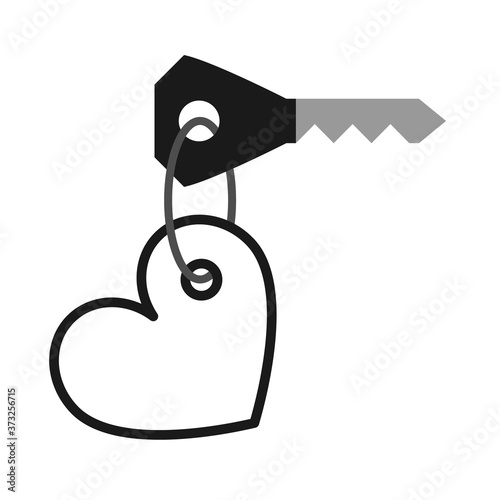 Key with heart shaped keychain icon, heart tag, black isolated on white background, vector illustration.