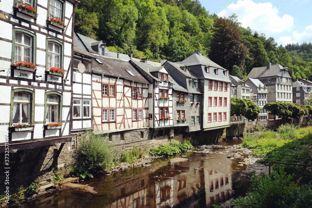 The historic half medieval timbered houses of pretty Monschau in Germany