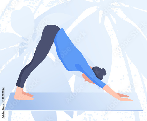 Yoga classes. Young woman practicing yoga in nature. Exercise and relaxation. Healthy lifestyle concept. Vector illustration