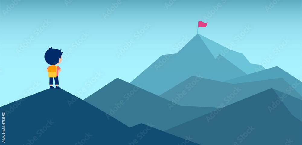 Vector of a boy with backpack looking at a mountain top with a red flag - obrazy, fototapety, plakaty 
