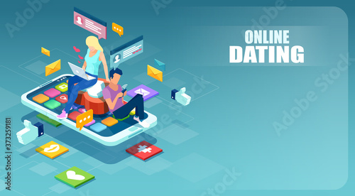 Vector of a young man and woman using mobile app to chat with each other