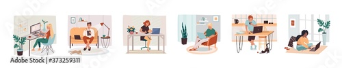 Set of isolated remote work or freelance job sign. Man and woman working with tablet and notebook, pc or computer. Male and female freelancer at home working. Cartoon employee at desk or table
