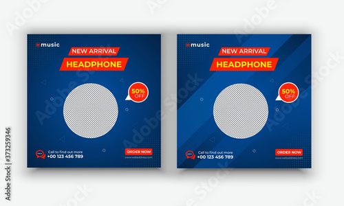 Headphone social media post template design, Editable Headphone square flyer Design for social media, Headphone banner template