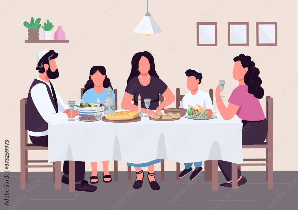 Jewish family meal flat color vector illustration. Parents with children at table to eat traditional dinner together. Jew relatives 2D cartoon characters with house interior on background