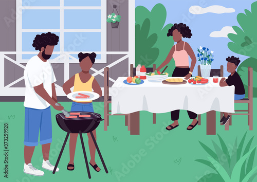 African family barbeque flat color vector illustration. Quality time together while preparing BBQ. Holiday recreation in house yard. African american 2D cartoon characters with landscape on background