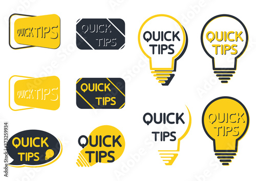 Quick tip icon set. Yellow lightbulb icons with quick tips text inside. Lamp of advice idea quickly solutions advices trick mark. Helpful tricks. Helpful idea or solution. Vector