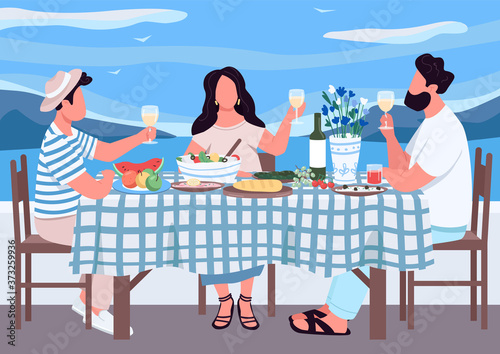 Greek holiday for friends flat color vector illustration. People eat together meal in Greece. Man and woman drink wine on holiday. Relatives 2D cartoon characters with landscape on background