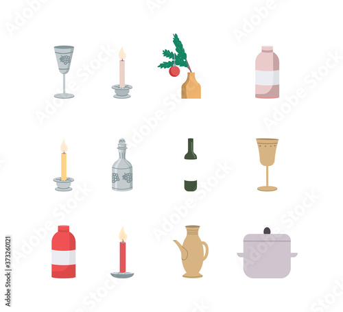 Festive table decoration flat color vector object set. Restaurant serving. Accessory for holiday dinner isolated cartoon illustration for web graphic design and animation collection