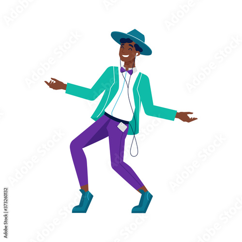 Photography Black man listen music in headphones and dance, African American young boy, vector isolated flat cartoon