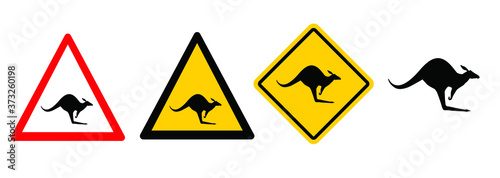 Kangaroo silhouette Vector animal sign. wallaby zoo pictogram. Stop kangaroos sign. Jump or jumping on the Australian plains ( mammal ). Danger warning area icons. Forbidden, no kangaroo symbol. 