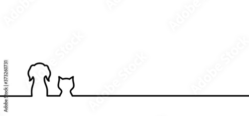 Drawing dog or cat line pattern. Funny vector dogs, cats sign. Comic cartoon sketch. One line continuous puppy silhouette pictogram. Animal, cute pet sits background.