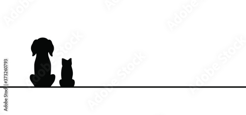 Drawing dog or cat line pattern. Funny vector dogs, cats sign. Comic cartoon sketch. One line continuous puppy silhouette pictogram. Animal, cute pet sits background.