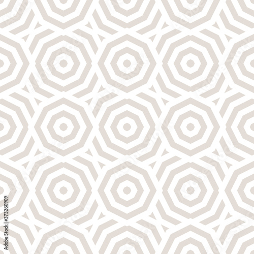 Vector geometric seamless pattern. Simple abstract texture with lines, stripes, octagon shapes, circles, grid, tiles. Beige and white graphic background. Modern geo ornament. Stylish repeat design